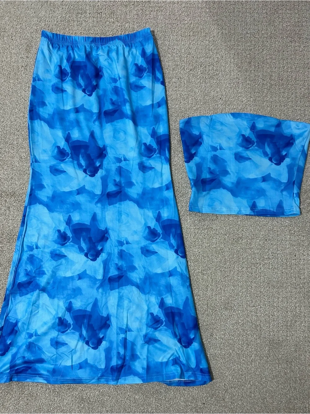 Blue Floral Print Tube Top and Maxi Skirt Set